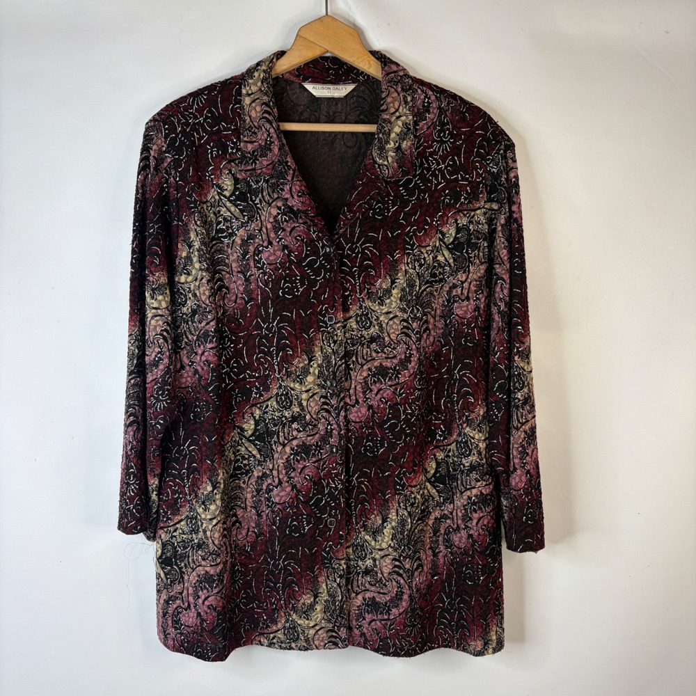 Allison Daley Button Down Top Women 2X Burgundy Paisley Textured Shoulder Pads